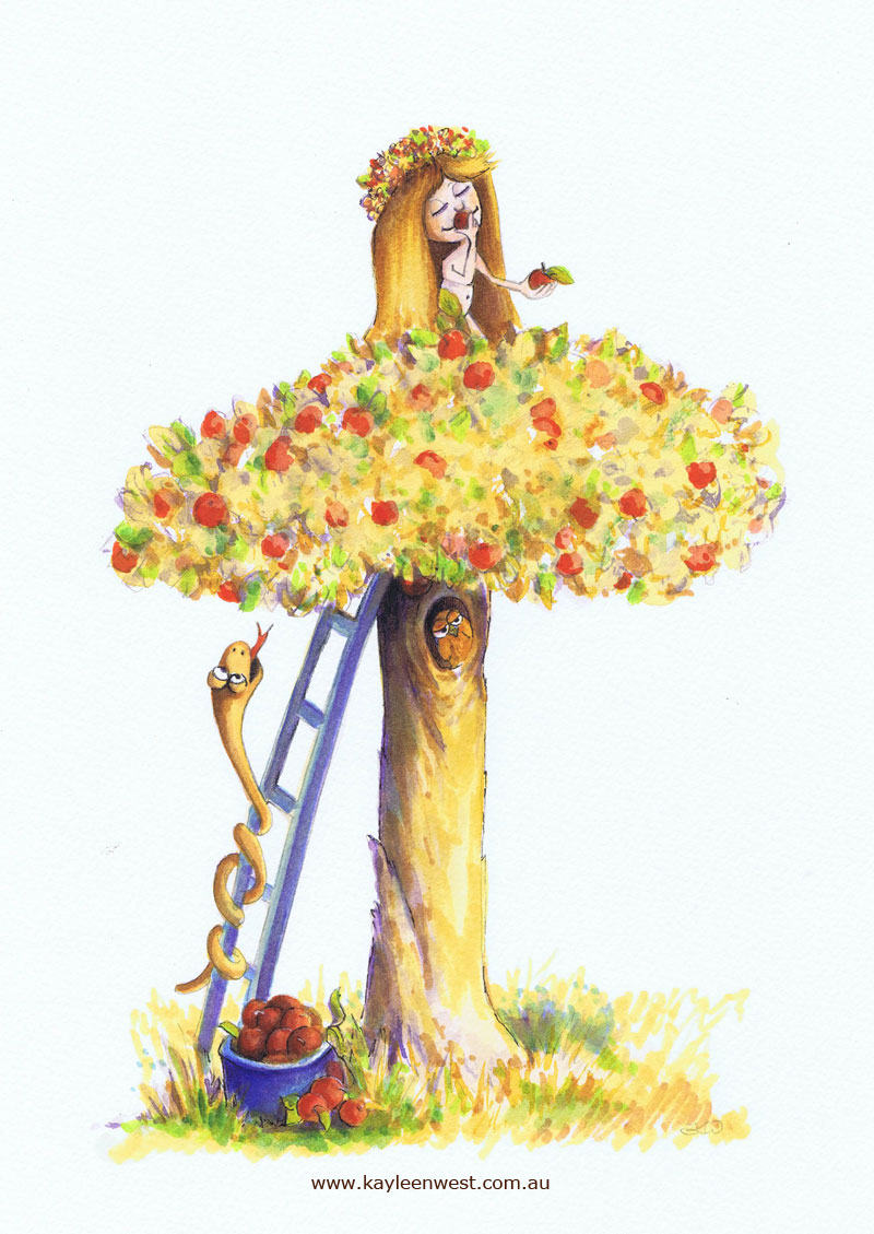 Childrens's Book Illustration: Eve and the tree of Knowledge - watercolour