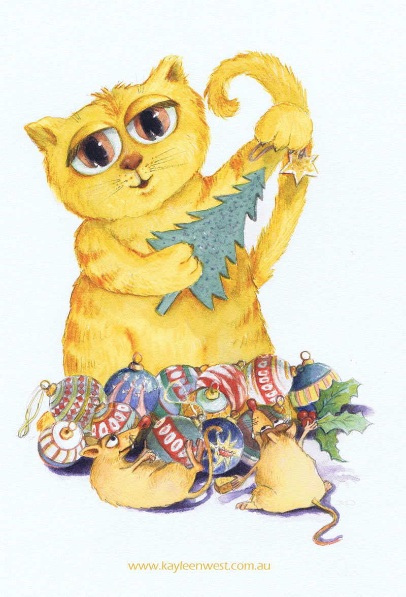 Christmas Card Illustration: Decorating the tree - Watercolour cat and mice