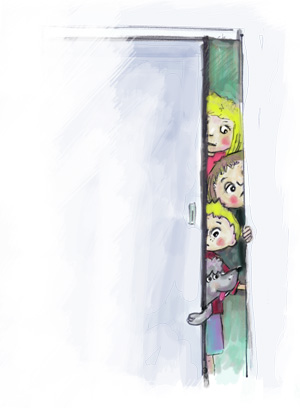 Children's illustration: Kids peeking through doorway waiting to be fed.