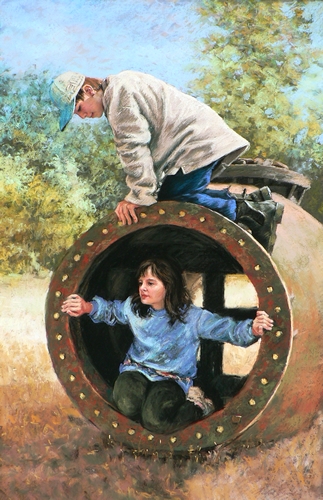 Pastel illustration of children playing Hide and go seek game. Children's illustration by Kayleen West