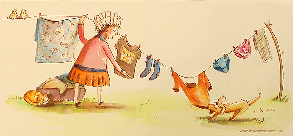 Children's Illustration Watercolour: Dog pulling washing off the laundry line.