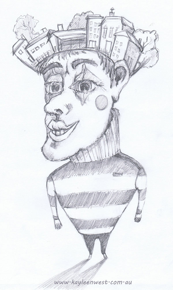 Illustration Friday Drawing: Hybrid, He's got a head for real estate.