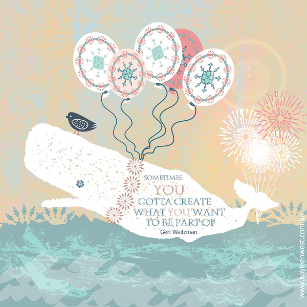 Surface design whale and creativity quote.