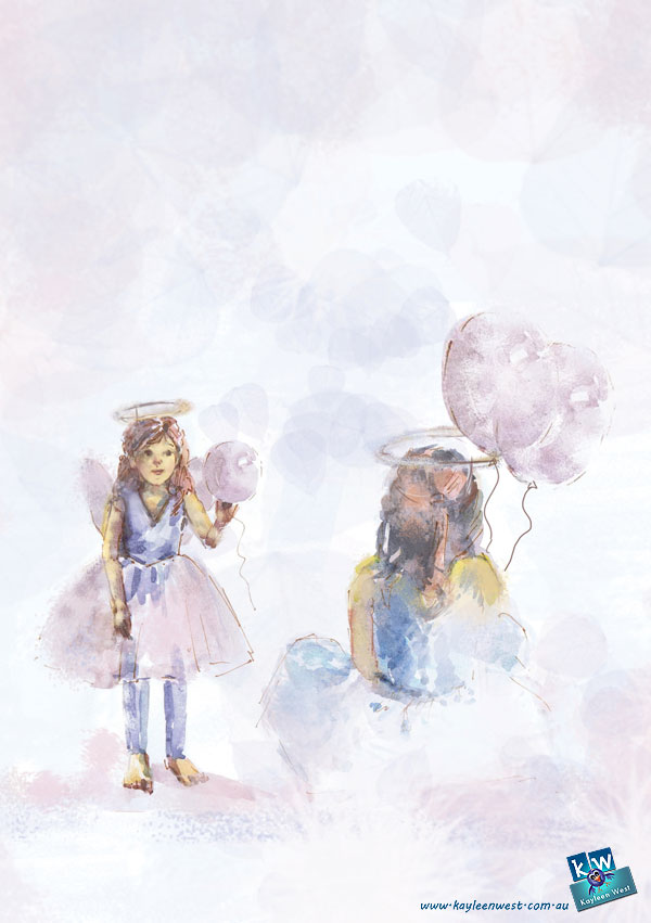 Little girl in angel costume. Watercolour gift card illustration.