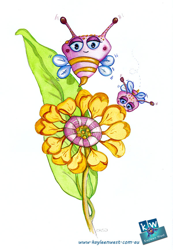 52 week illustration challenge. Gift card Challenge #illo52weeks Bees and flower. Children's Illustration