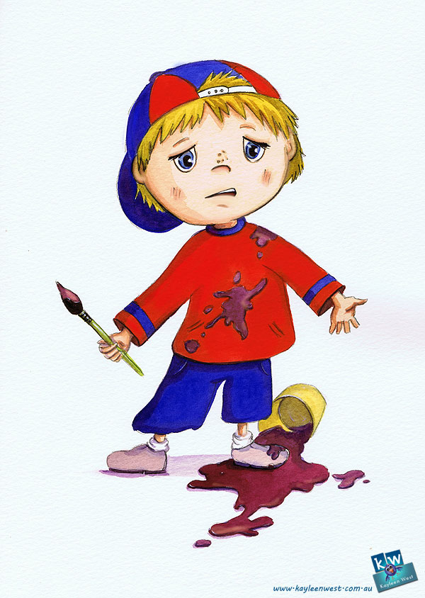 watercolour painting Unused illustration from new book BETTER THAN A SUPERHERO. of child spilling watercolour