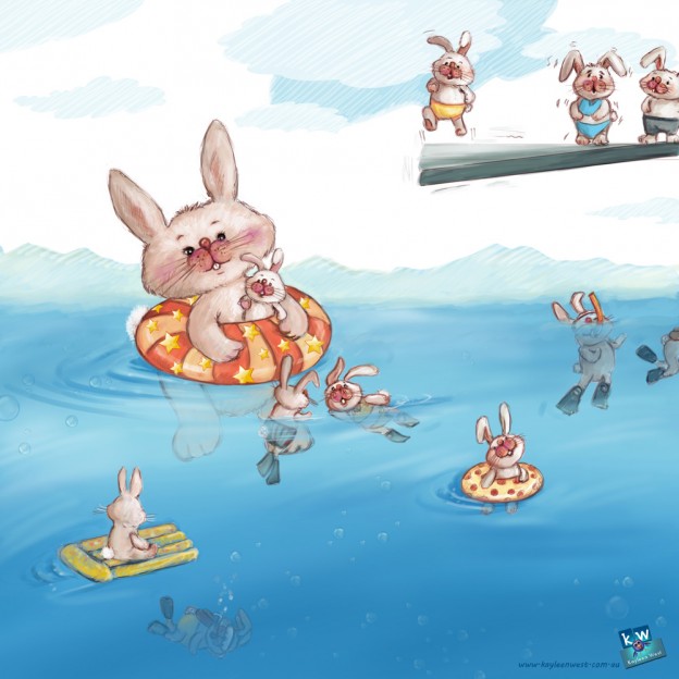 Bunnies swimming. SCBWI illustrator's portfolio. 52 week illustration challenge. Gift card Challenge