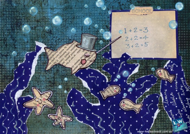 School of fish. Mixed media children's illustration.