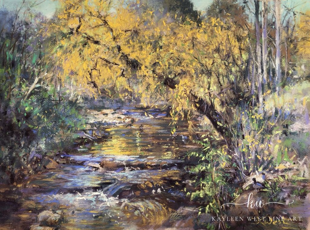 A beautiful large pastel painting of a river in Bright Victoria by Kayleen West