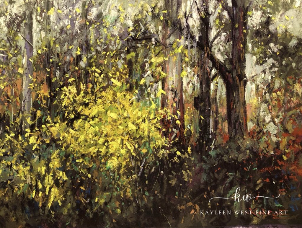 Gum tree forest painting in Autumn colours by Kayleen West