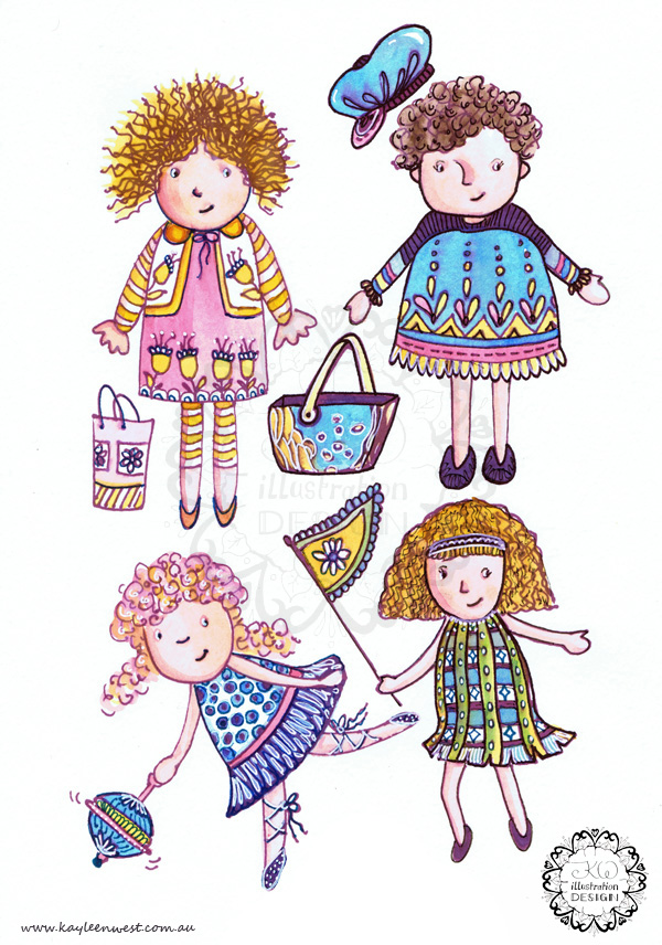 Children's illustration: Four little girls playing